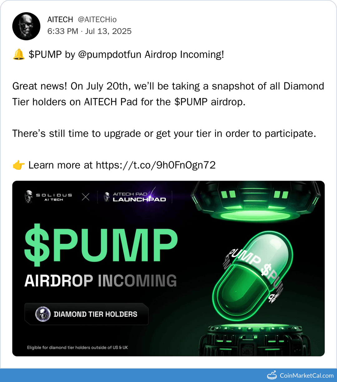 Upcoming $PUMP Airdrop Snapshot on AITECH Pad