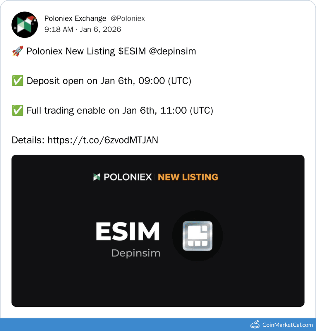 Poloniex Listing of Depinsim (ESIM) on January 6, 2026