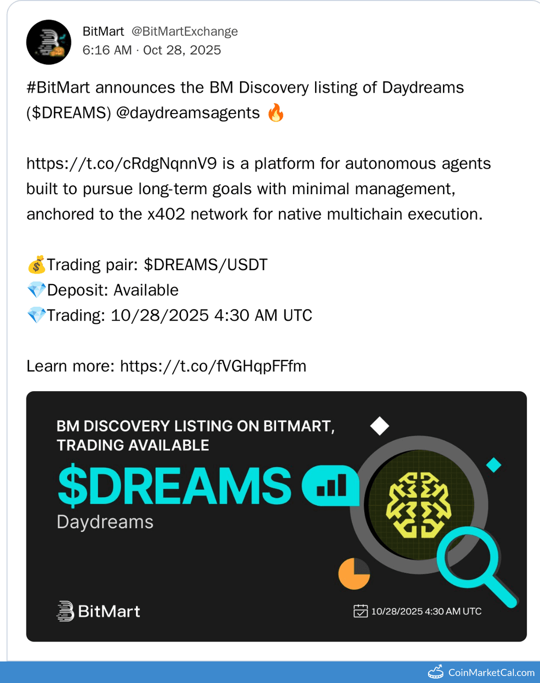 BitMart Listing of Daydreams (DREAMS)