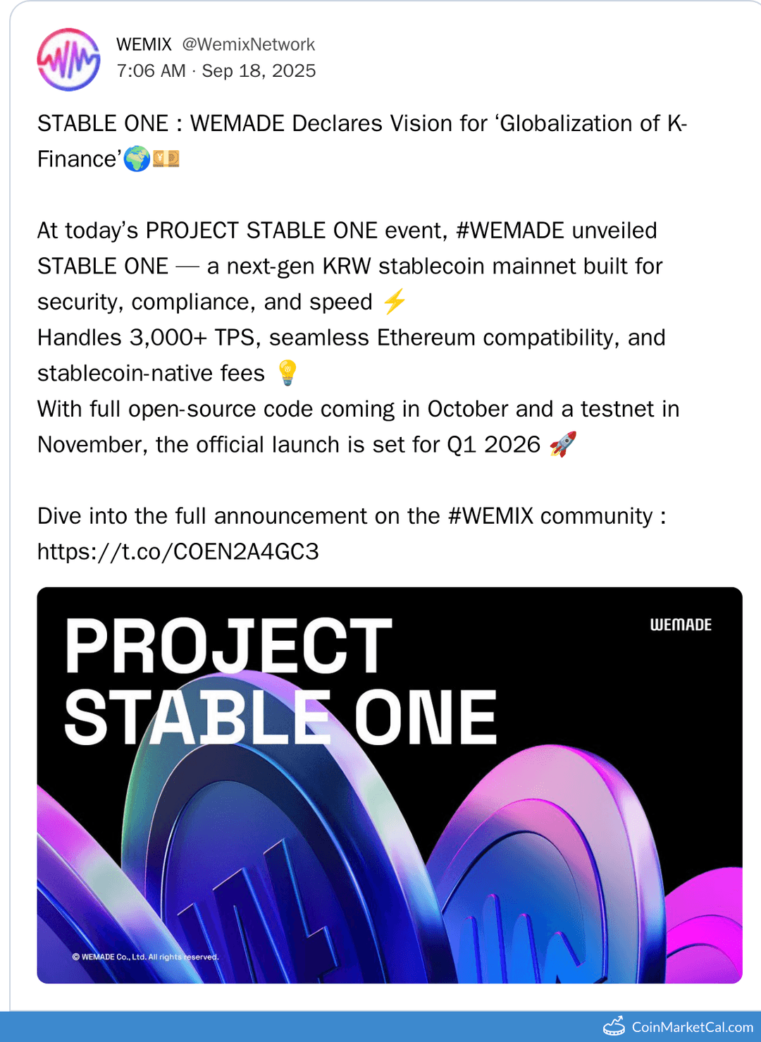 WEMIX Project Stable One Mainnet Launch