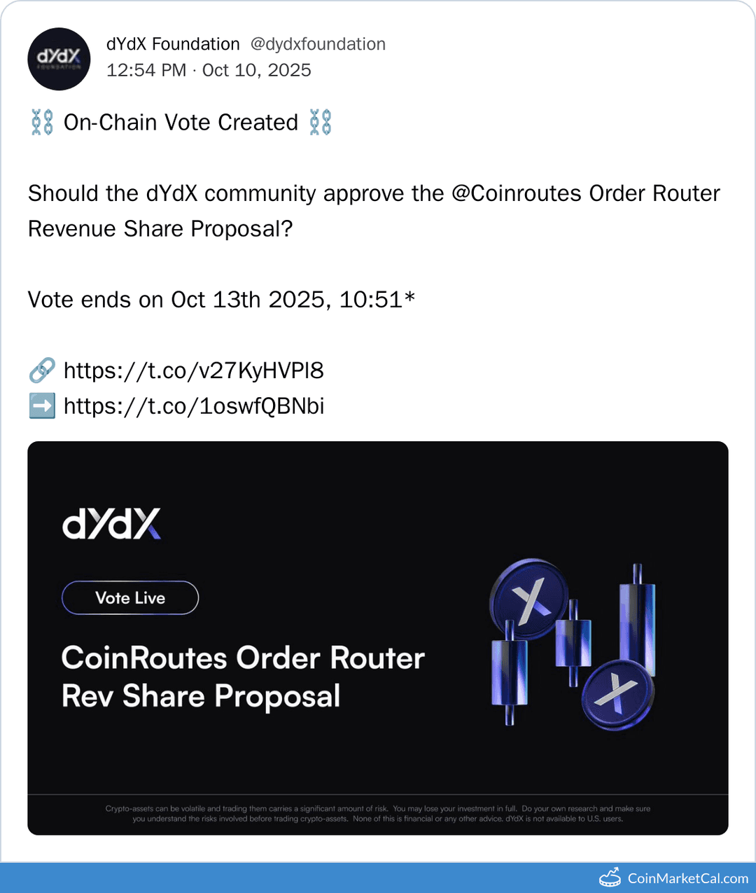 dYdX Prop #295 Vote on CoinRoutes Revenue Share Proposal