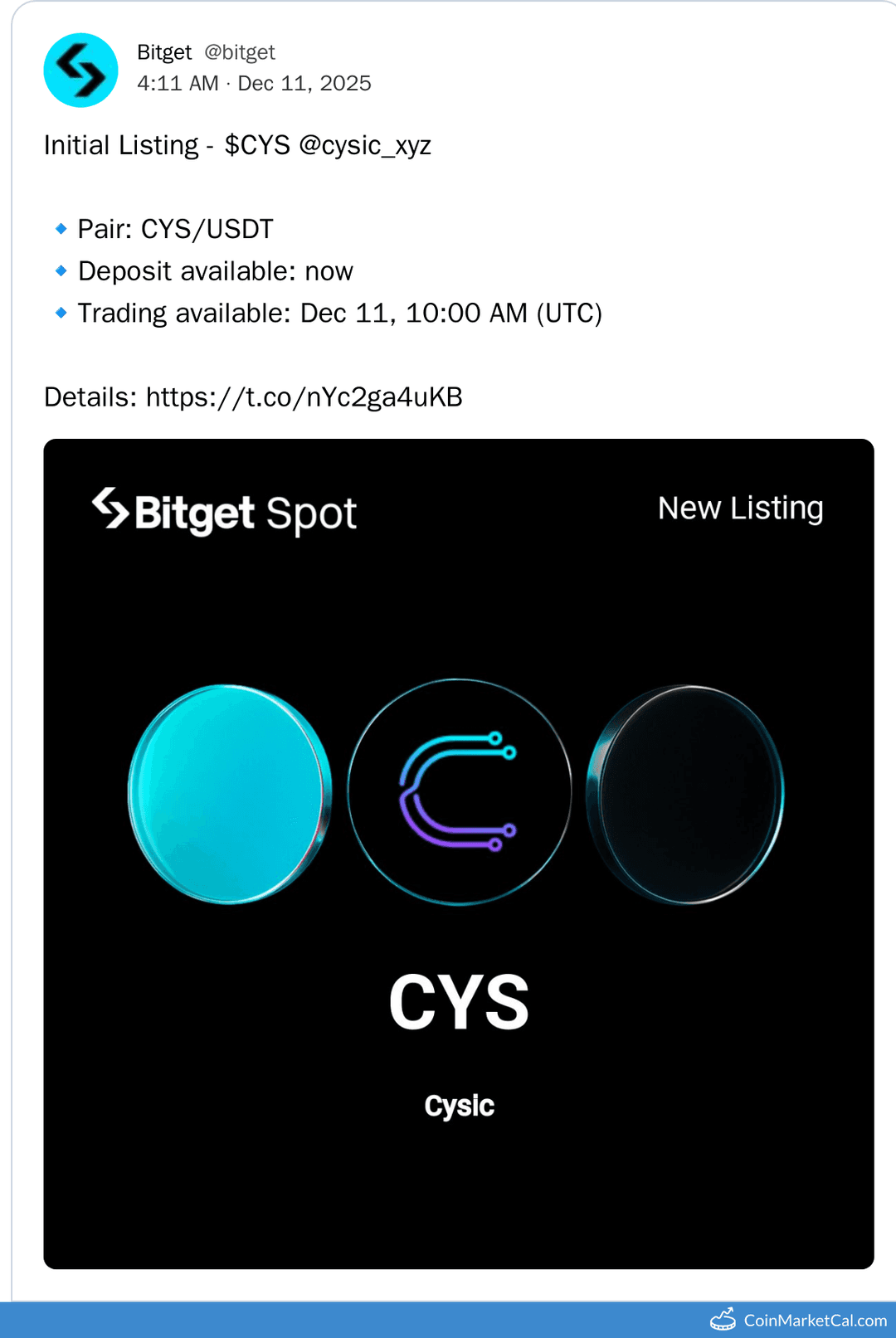 Bitget Listing of Cysic (CYS/USDT) Pair