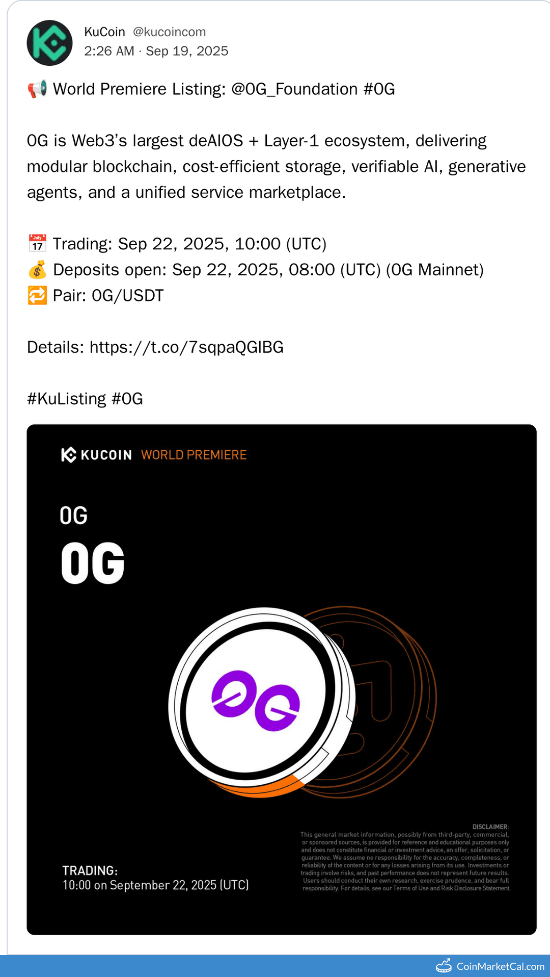 KuCoin 0G Listing on 22 Sep 2025