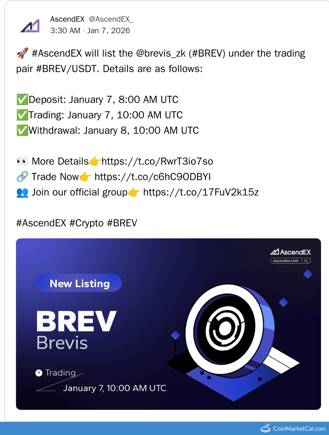 AscendEX Listing of Brevis (BREV/USDT)
