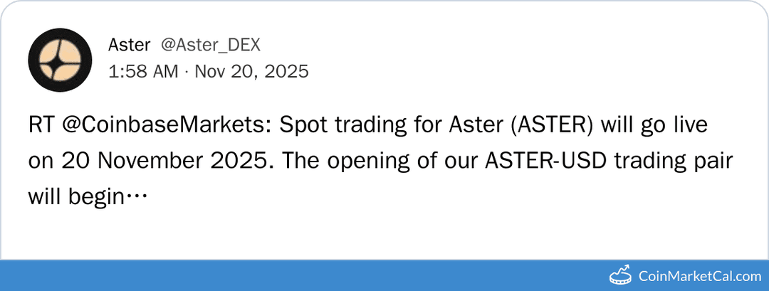 Coinbase Listing of Aster (ASTER) on November 20, 2025