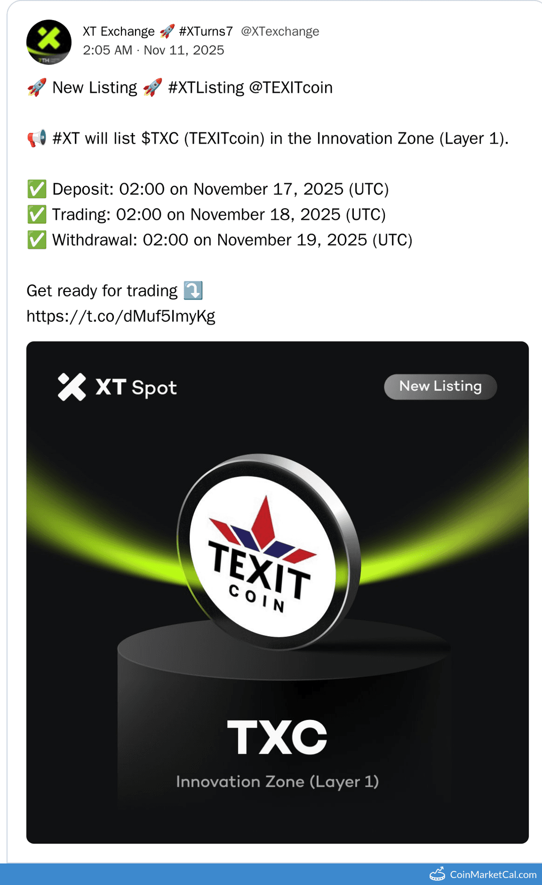 XT.COM Listing for TEXITcoin (TXC)