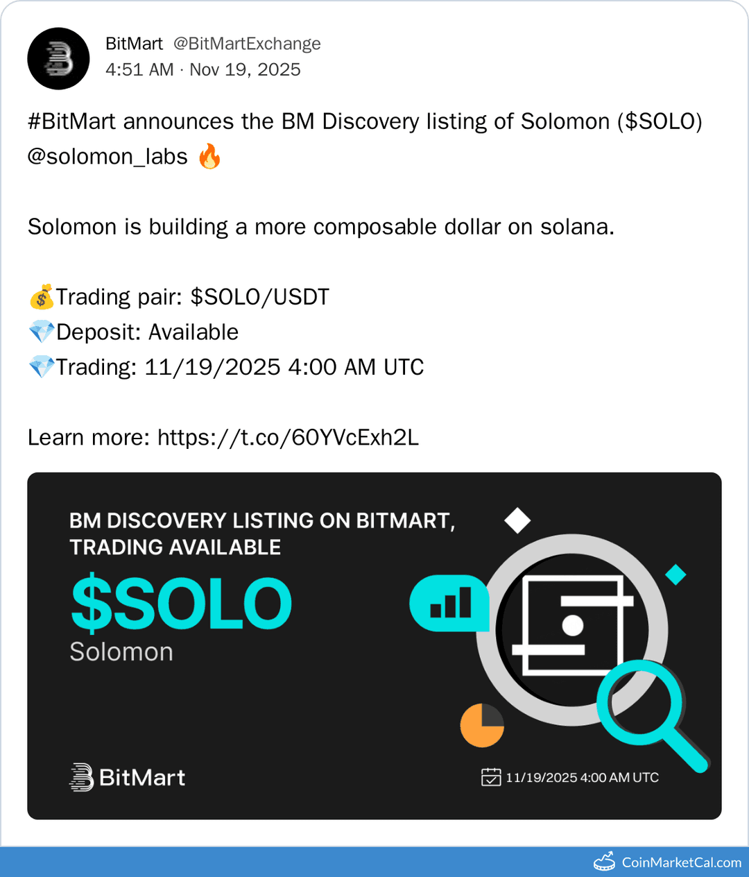 BitMart Listing of Solomon (SOLO)