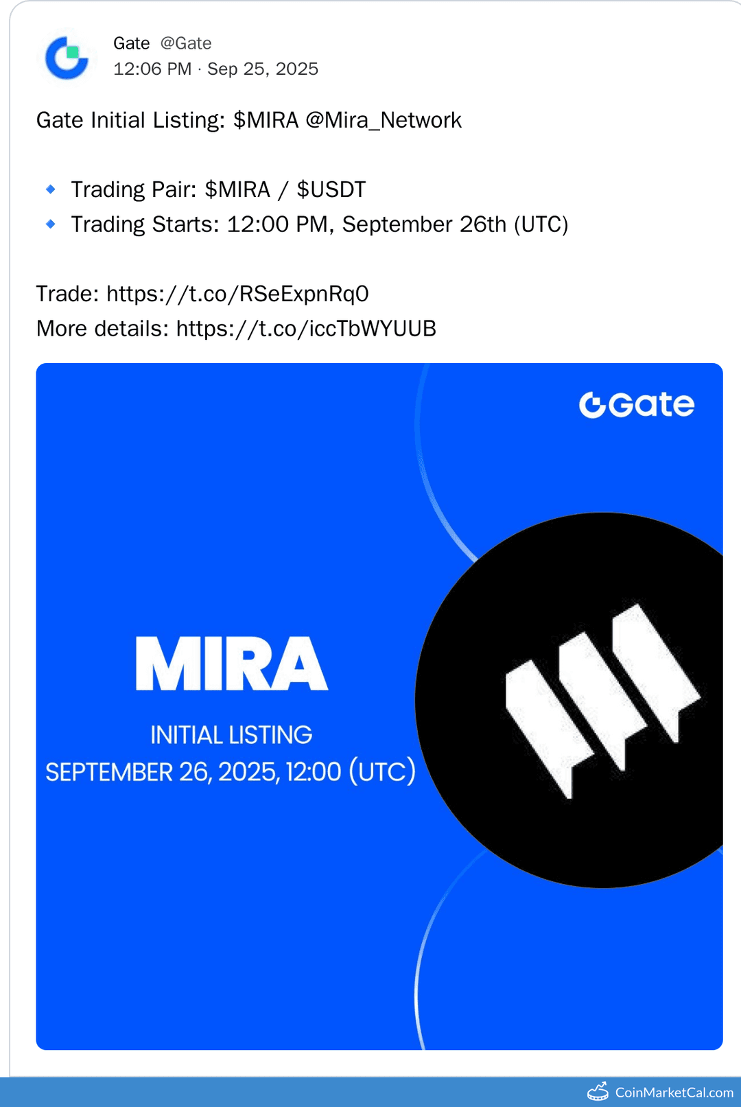 Gate Listing of Mira (MIRA) on Gate Exchange