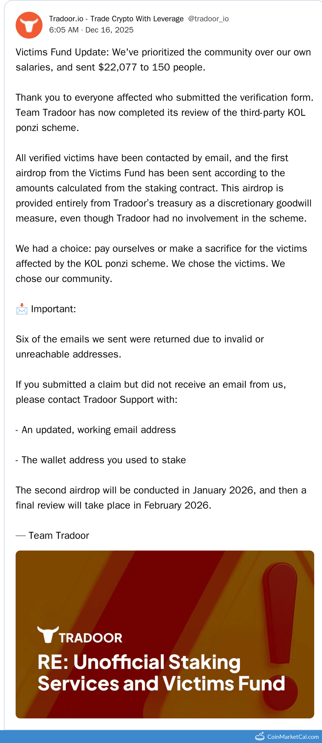 Tradoor Victims Fund 2nd Airdrop