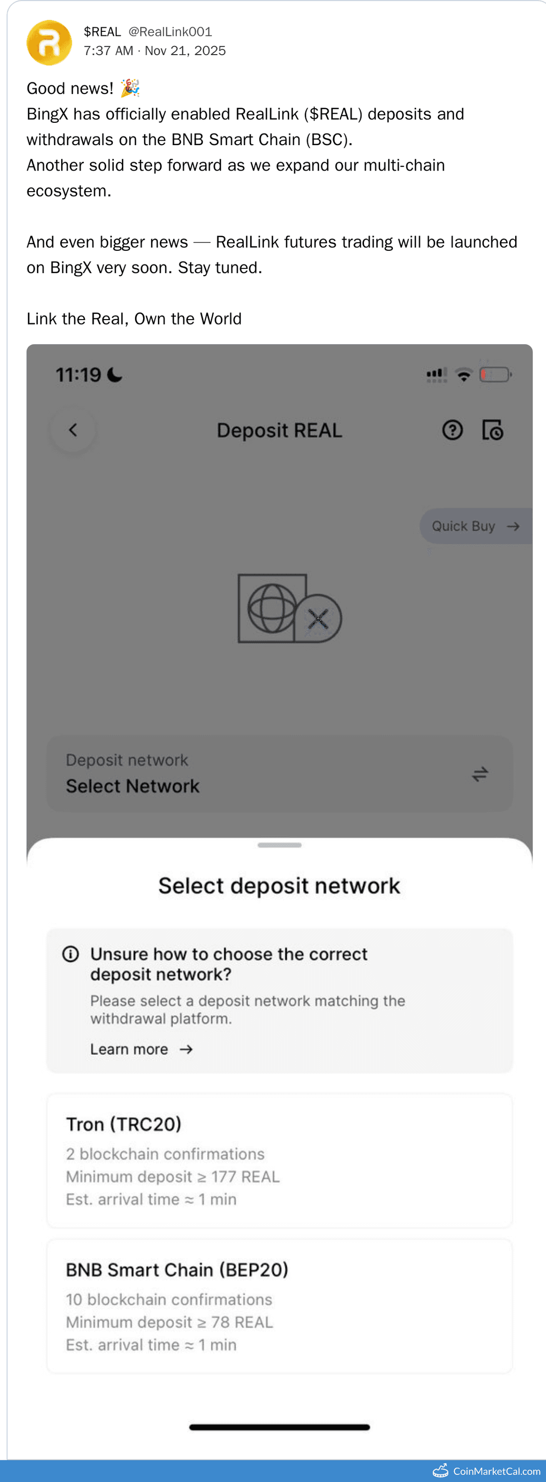 BingX Enables RealLink ($REAL) Deposits & Withdrawals on BSC