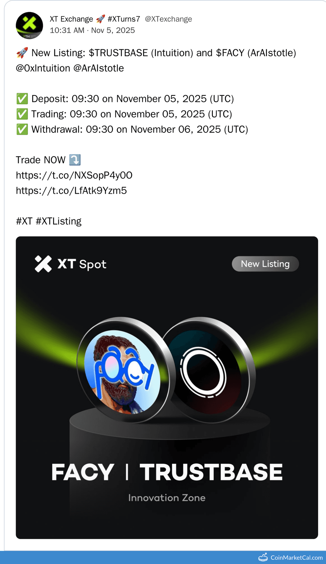 XT.COM Listing of ArAIstotle and TRUSTBASE