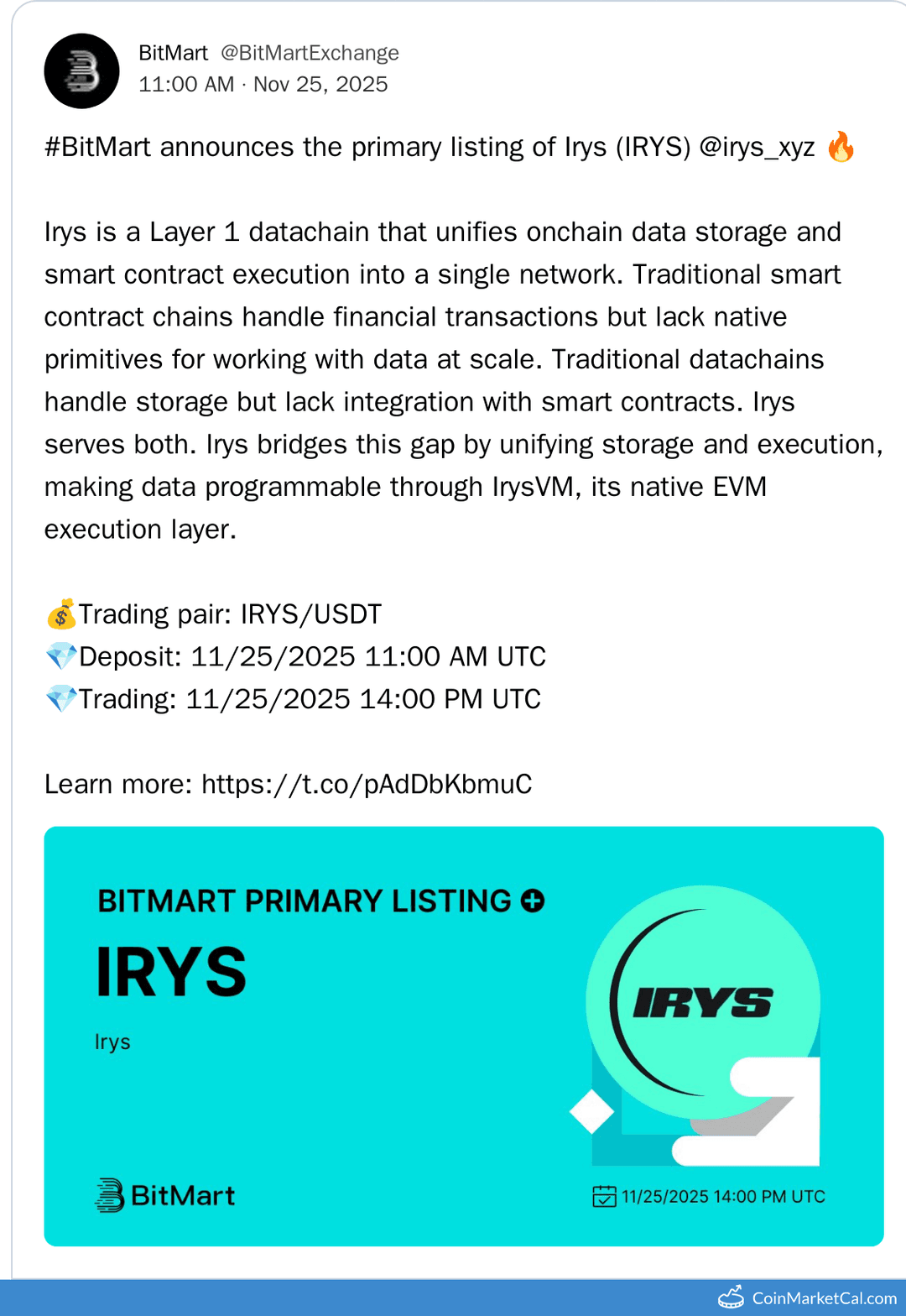 BitMart Listing of Irys (IRYS)