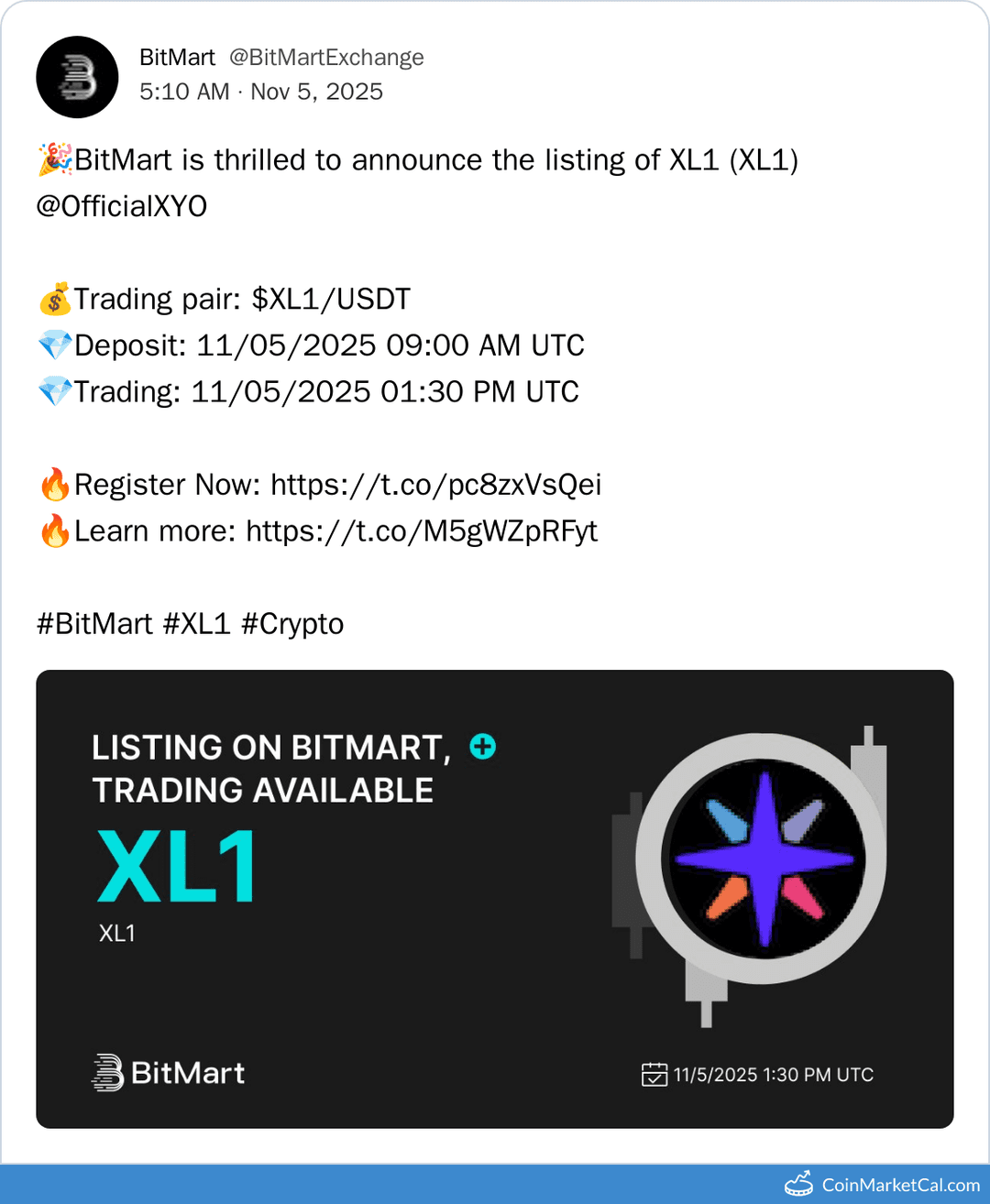 BitMart Listing of XL1 Token