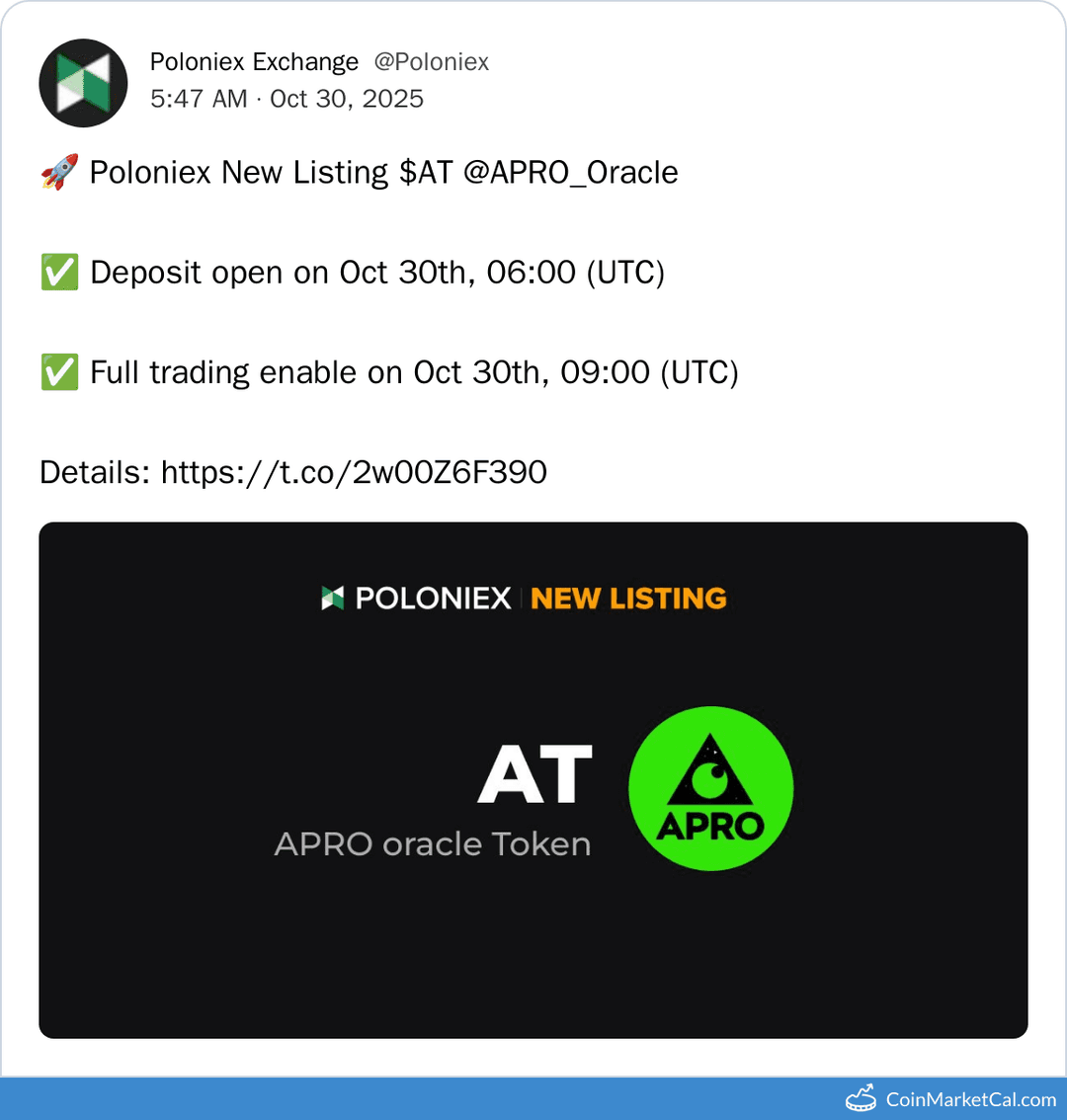 Poloniex Listing of APRO with AT/USDT Pair