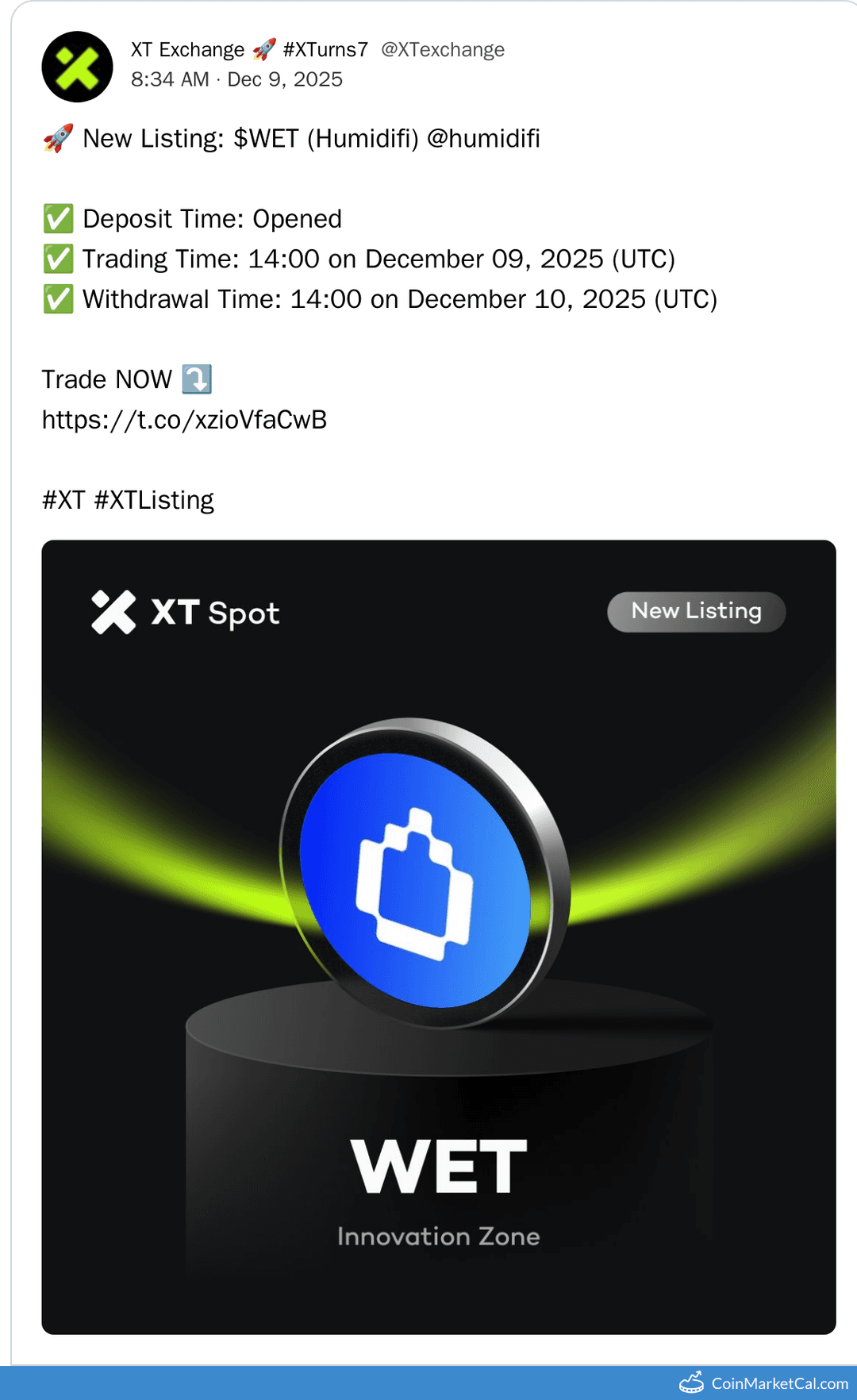 XT.COM Listing of HumidiFi (WET/USDT) Pair