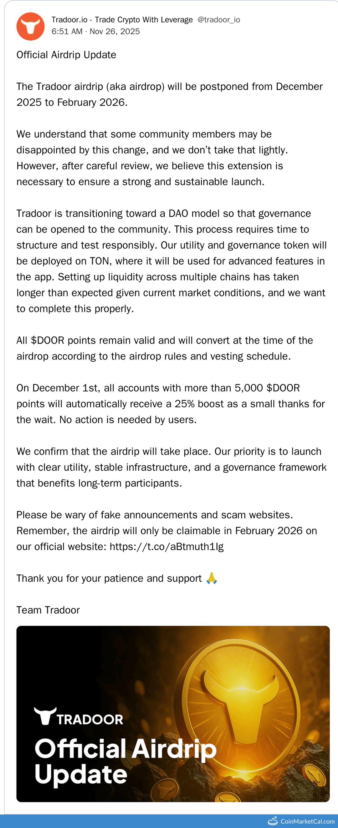 Tradoor Airdrop Postponed